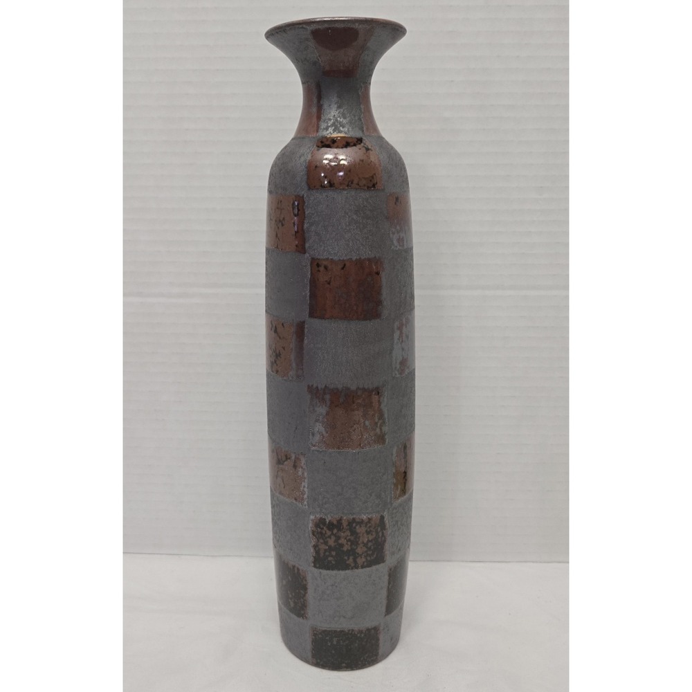 Vtg Bombay Company Ceramic Checkerboard Vase Tall Slender Metallic Grey & Brown